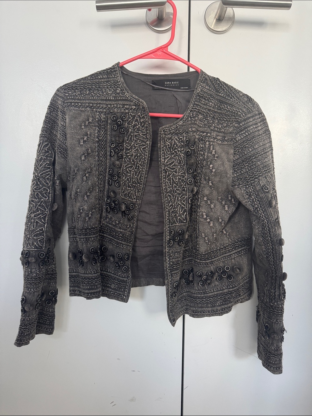 Zara Embroidered Charcoal Cropped Jacket